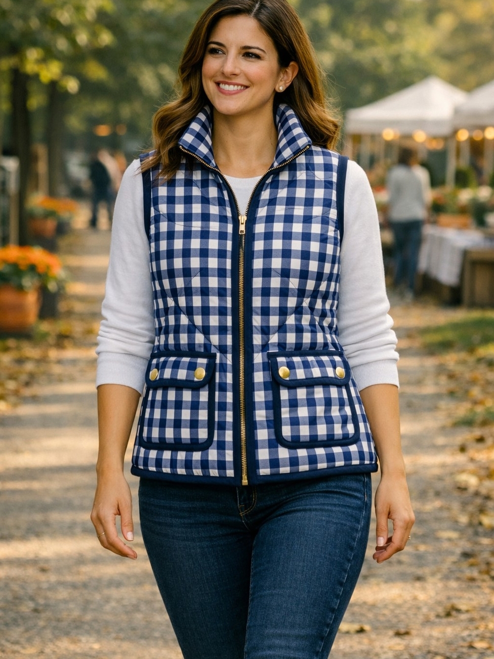 J. Crew Navy and White Gingham Quilted Vest